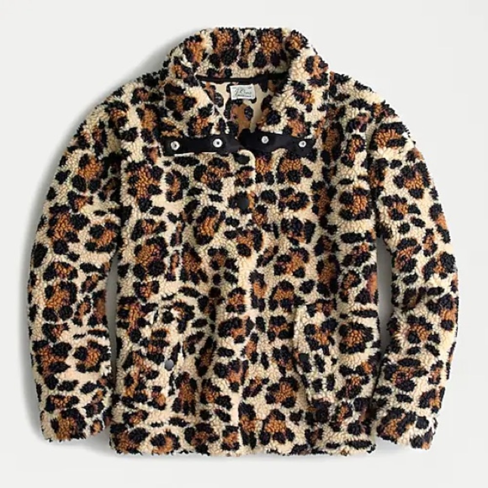 J. Crew Leopard Print Sherpa Jacket in Cream, Brown, Black